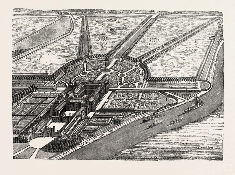 BIRD'S-EYE VIEW OF HAMPTON COURT AS FINISHED BY WILLIAM III