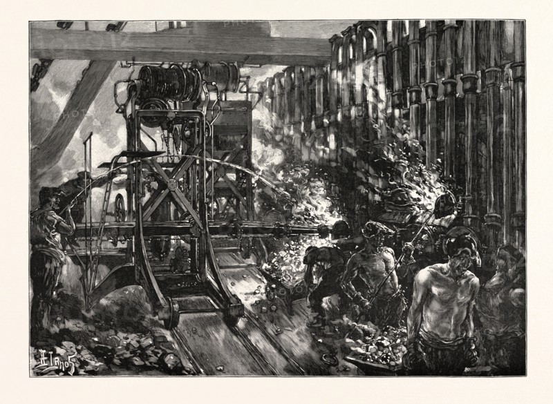 THE LONDON GAS SUPPLY: INTERIOR OF THE RETORT HOUSE, SHOWING THE DRAWING AND CHARGING MACHINES