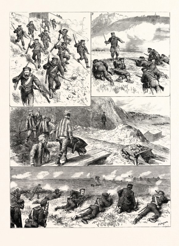 THE CHANNEL SQUADRON AT PORTLAND: A SHAM FIGHT: 1. Ten minutes to go up, ten seconds to come down!; 2. "Keep down! Keep covered, men! And don't make yourselves so confoundedly conspicuous"; 3. A spectator: "Ugh! hot tearing work that, and I reckons their hofficers give their orders roughly too, ugh!"; 4. Surrounded by a girdle of fire. "It seemed as if millions of bottles of ginger beer was bustin' promiscuous," said our lady caterer.
