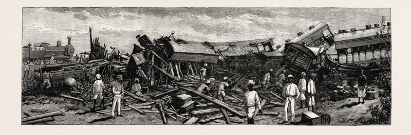 THE ACCIDENT NEAR NAGPUR ON THE GREAT INDIAN PENINSULA RAILWAY: The wreck of the leading engine is shown lying upon its side. Most of the dead bodies of the soldiers were found in the shattered third-class carriage, and the narrow escape which the Commander-in-Chief and his Staff had is proved by the position of H.E.'s carriage tilted up on one end