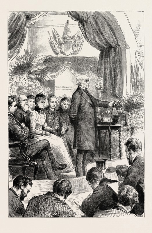 MR. GLADSTONE OPENING A NEW HALL AT PORT SUNLIGHT, CHESHIRE: "This hall means relief from toil in the first place, though not exclusively. Labour is the lot of man; labour is the burden of man; labour is, and, I fear, long may be in many of its branches, a severe and heavy burden, although I rejoice to think that it is lighter far than it was during the early years of my life for nearly the whole, if not the whole, of the labouring population."