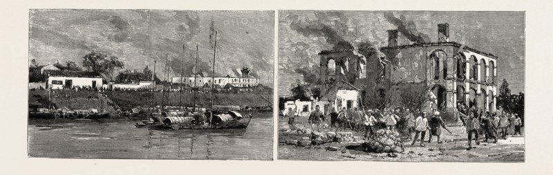 THE CHINESE OUTRAGES, THE RIOTS IN THE FOREIGN CONCESSION AT ICHANG ON THE UPPER YANGTZE RIVER: THE ROMAN CATHOLIC MISSION AT ICHANG (LEFT); A EUROPEAN'S HOUSE AT ICHANG AFTER THE RIOT (RIGHT)