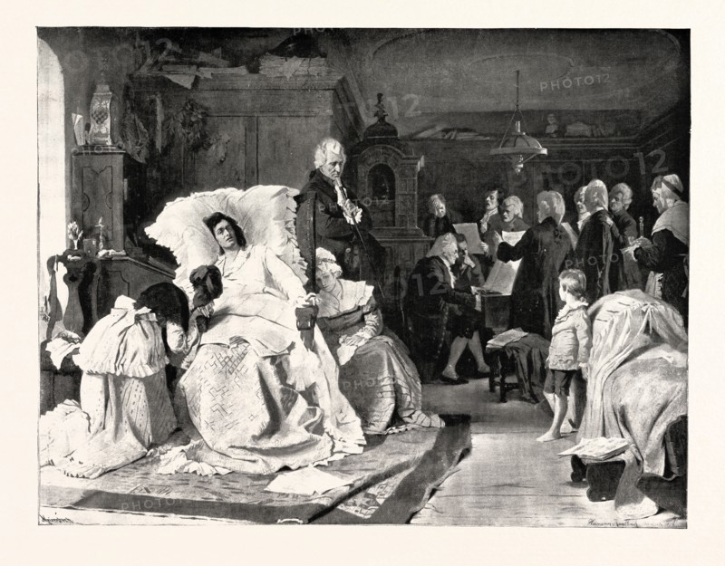 MOZART LISTENING TO HIS FRIENDS, WHO, SUMMONED BY HIS WIFE, ARE SINGING THE BEAUTIFUL HYMN "THE  REQUIEM," THE LAST WORK WHICH THE COMPOSER WROTE, AND WHICH HE NEVER HEARD TILL THE HOUR OF HIS DEATH