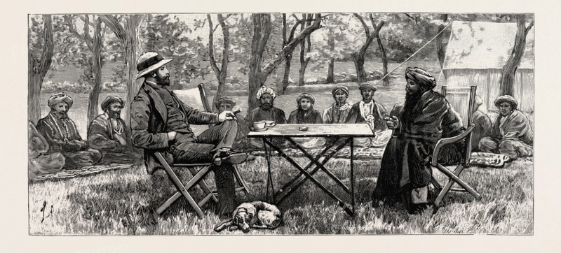 THE FIGHTING NEAR GILGIT ON THE NORTH-WESTERN FRONTIER OF INDIA: COLONEL DURAND AND THE RAJAH AKBAR KHAN, HOLDING A CONSULTATION IN THE ORCHARD AT GAKUCH, MAY 7, 1891