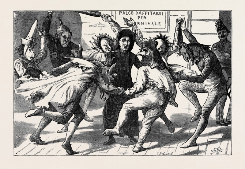 ROME: MASKERS SURROUNDING A PRIEST AT THE CARNIVAL