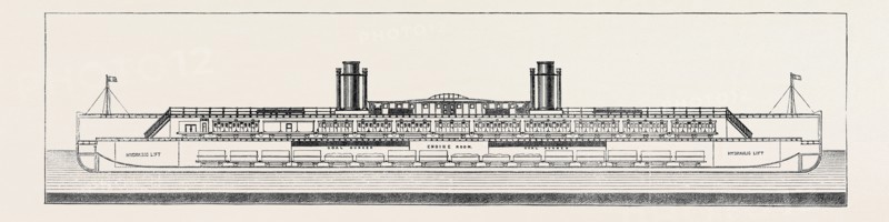 THE PROPOSED CHANNEL FERRY: LONGITUDINAL SECTION OF FERRY STEAMER; The steamer is proposed to be 450 feet in length, 57 feet beam, and 95 feet over the paddle boxes, propelled by disconnected engines of 1400 horse power nominal, by which such a rate of speed will be attained as will enable them to perform the voyage from shore to shore in one hour, while from their form and size, motion in any state of the weather would be almost imperceptible.
