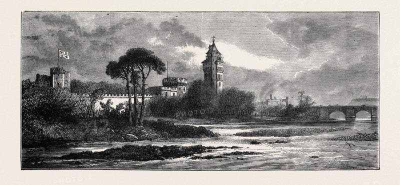 THE MARRIAGE OF THE MARQUIS OF BUTE, SKETCHES AT CARDIFF: CARDIFF CASTLE, THE NEW TOWER, FROM THE RIVER TAFF
