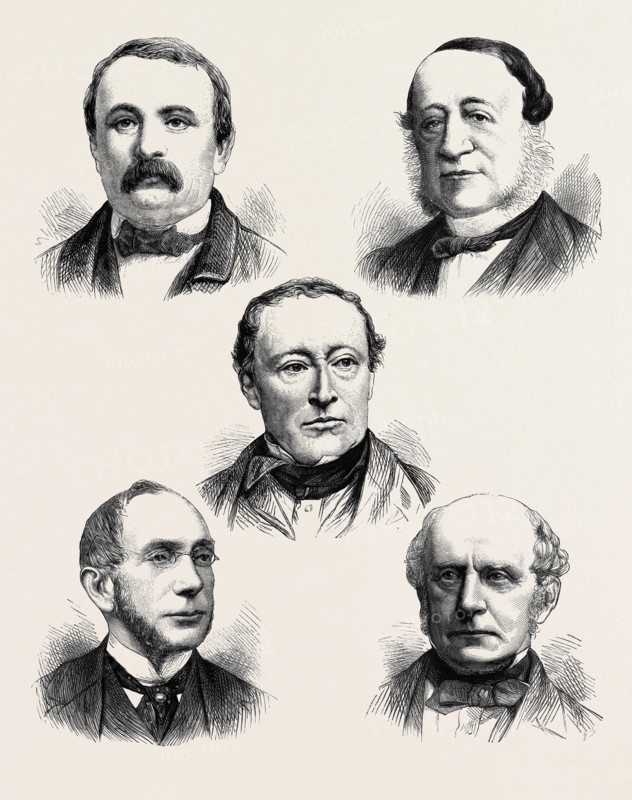 THE ALABAMA CLAIMS: THE GENEVA COURT OF ARBITRATION; (TOP LEFT) M. STAEMPFLI (SWITZERLAND); (TOP RIGHT) COUNT SCLOPIS (ITALY); (CENTRE) SIR ALEXANDER COCKBURN (ENGLAND); (DOWN LEFT) BARON DO ITAJUBA (BRAZIL); (DOWN RIGHT) MR. C.F. ADAMS (UNITED STATES)