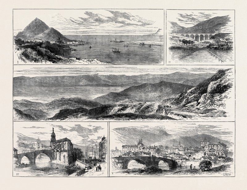 THE CARLIST INSURRECTION IN SPAIN, VIEWS FROM THE SCENE OF ACTION: 1. PORTUGALETTE NEAR BILBAO; 2. TUDELA, BILBOA RAILWAY; 3. PLAIN OF ORDUNA, FROM THE UNZA ROAD; 4.BILBAO; 5. TOWN OF ORDUNA, FORMERLY THE CARLIST CAPITAL OF BISCAYA