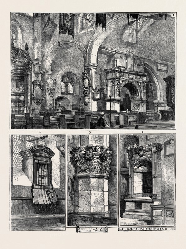 OLD CHELSEA CHURCH: 1. INTERIOR, LOOKING NORTH-EAST; 2. TOMB OF SIR THOMAS MORE; 3. SCULPTURED CAPITAL OF MORE'S CHANTRY CHAPEL; 4. CHAINED BIBLES AND BOOK OF HOMILIES