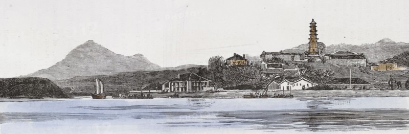 Pagoda island, in the river Min. The anchorage for large boats at Foochow. Engraving, 1884