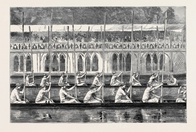 OXFORD: PROCESSION NIGHT, THE BOATS SALUTING THE "HEAD OF THE RIVER" IN FRONT OF THE 'VARSITY BARGE