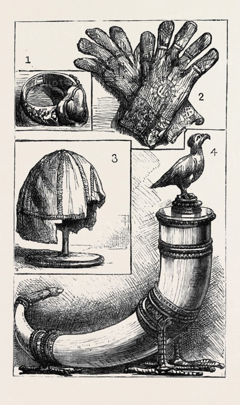 OXFORD: ANCIENT RELICS: 1. and 2. Ring and Gloves of William of Wykeham, at New College; 3. Skull Cap of Archbishop Laud, at St. John's College; 4. Horn, at Queens College