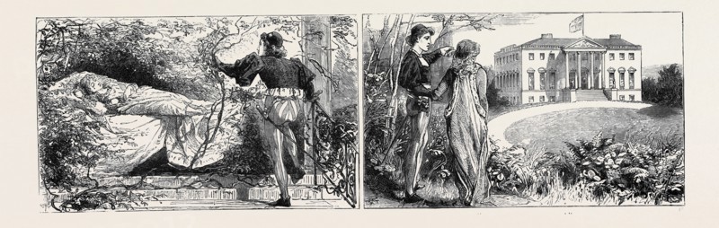 PRINCE LEOPOLD AT THE HOME OF HIS AFFIANCED BRIDE, TABLEAUX VIVANTS AT THE PALACE, AROLSEN: THE PRINCE AWAKENS BEAUTY (LEFT), "BEHOLD THAT CASTLE!" (RIGHT)