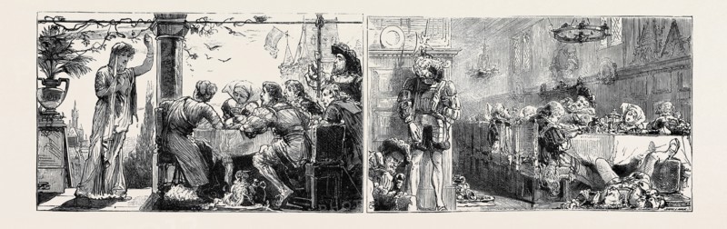 PRINCE LEOPOLD AT THE HOME OF HIS AFFIANCED BRIDE, TABLEAUX VIVANTS AT THE PALACE, AROLSEN: "THE BAD FAIRY ENTERS THE HALL, AND CURSES THE PRINCESS" (LEFT); A HUNDRED YEARS' SLEEP (RIGHT)