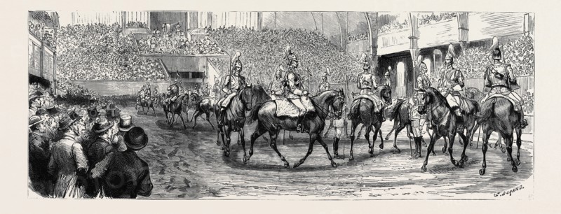 THE MILITARY TOURNAMENT AT THE AGRICULTURAL HALL, ISLINGTON, THE "MUSICAL RIDE" OF THE FIRST LIFE GUARDS