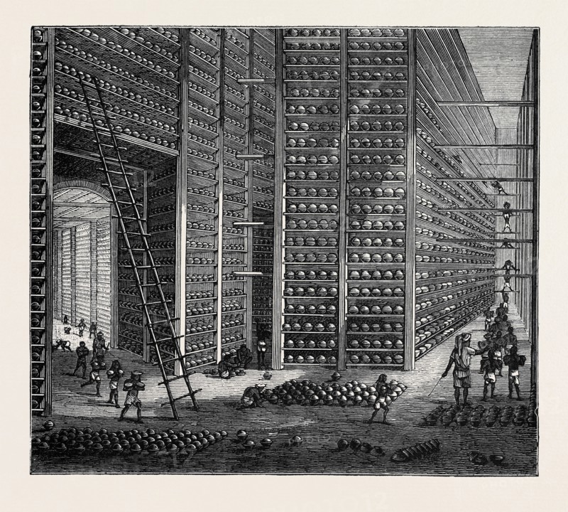THE INDO-CHINESE OPIUM TRADE, AT AN OPIUM FACTORY AT PATNA: THE STACKING ROOM