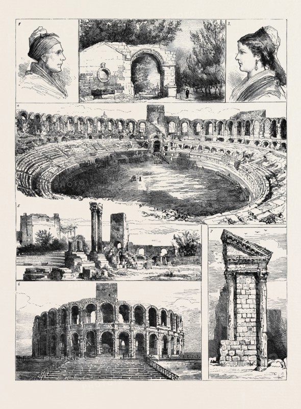 A DAY AT ARLES: 1. An Old Woman; 2. Entrance to the Roman Cemetery; 3. A Young Girl; 4. Interior of the Amphitheatre; 5. Remains of the Roman Theatre; 6. Exterior of the Amphitheatre; 7. Remains of the Forum