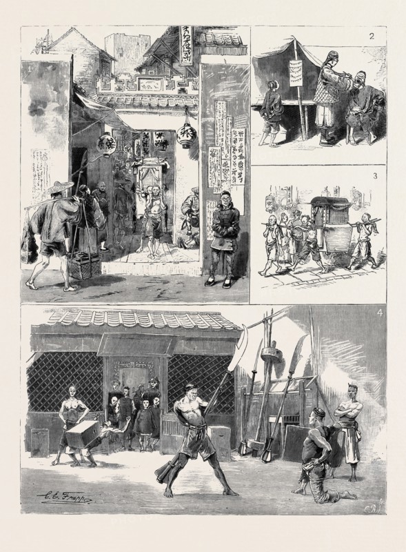 ROUND THE WORLD YACHTING IN THE "CEYLON," XVIII., CANTON: 1. The Town Gate; 2. A Street Dentist; 3. A Palanquin; 4. Tartar Athletes