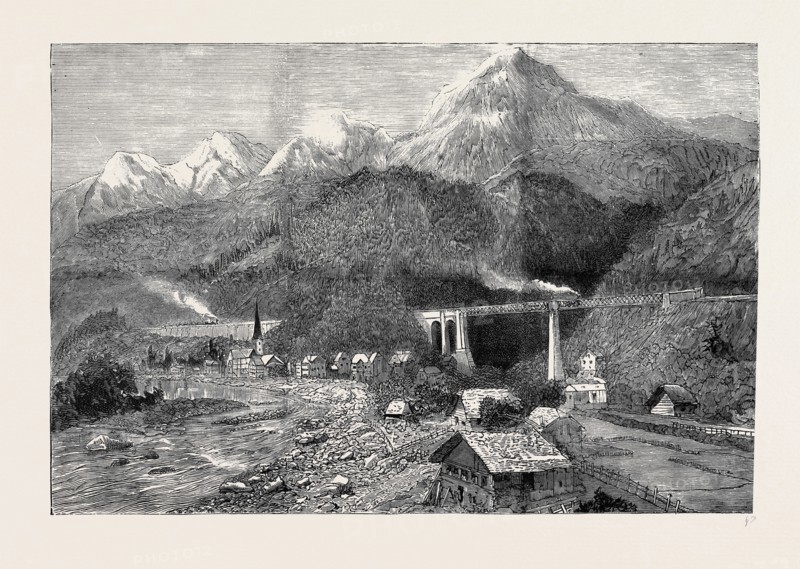 OPENING OF THE GOTHARD TUNNEL: THE PROCESSION OF TRAINS FROM LUCERNE TO MILAN: THE FIRST AND SECOND TRAINS PASSING AMSTEG