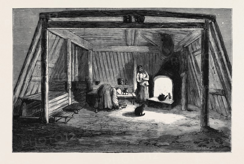 THE SURVIVORS OF THE "JEANNETTE" IN SIBERIA: INTERIOR OF A SIBERIAN CONVICT HUT
