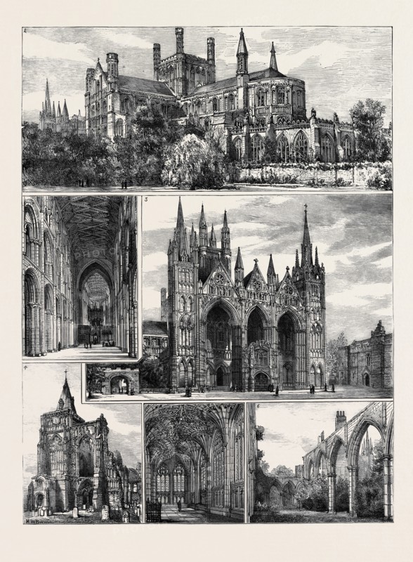 SKETCHES IN AND ABOUT PETERBOROUGH: 1. The Cathedral, from the South-East; 2. The Nave of the Cathedral, Looking East; 3. The Cathedral, from the North-West; 4. Croyland Abbey; 5. The Lady Chapel in the Cathedral; 6. View from the Ruins of the Infirmary Church
