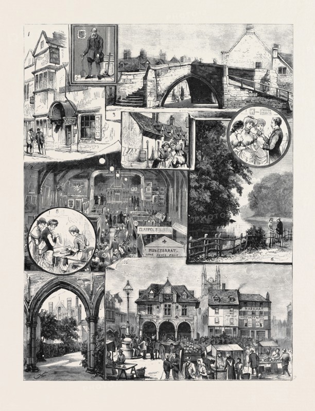 THE INDUSTRIAL EXHIBITION AT PETERBOROUGH, SKETCHES IN AND AROUND THE TOWN: 1. Porch of the Swan Inn; 2. Old Scarlett's Picture in the Cathedral; 3. Croyland Triangular Bridge; 4. The Almshouses; 5. "Just Hatched:" Chicken Incubators in the Exhibition; 6. The Lynch; 7. The Exhibition by Electric Light; 8. Stocking Knitting Machine in the Exhibition; 9. View from the Infirmary Ruins; 10. The Market Place