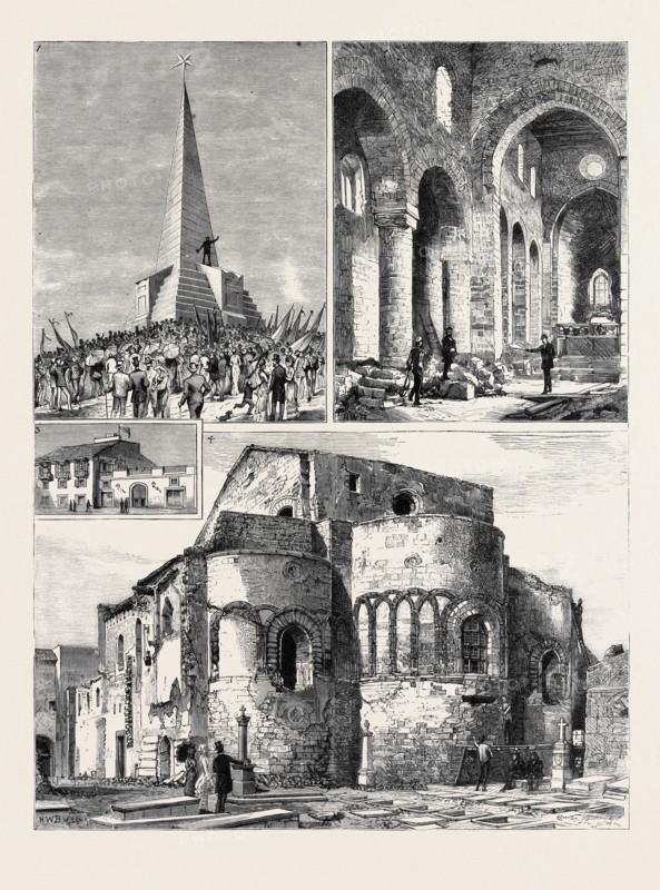 THE SIXTH CENTENARY OF THE SICILIAN VESPERS AT PALERMO: 1. Monument Erected on Mount Gibilrossa, to Commemorate the Taking of Palermo by Garibaldi in 1860, Inaugurated April 4, 1882; 2. Church of the Holy Spirit: Interior; 3. House of the Marquis Ugo Delle Favare, where Garibaldi Stayed During His Residence at Palermo; 4. Church of the Holy Spirit (Exterior)