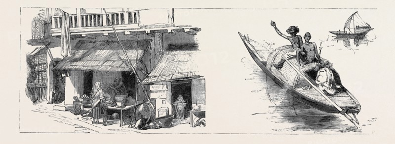 ROUND THE WORLD YACHTING IN THE "CEYLON," CALCUTTA: A STREET WITH BOOTHS IN CALCUTTA (LEFT); A HOOGHLY BOAT (RIGHT)