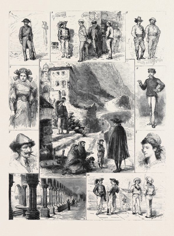 PALERMO: 1. A Gendarme; 2. "Excellenza, this Village is Suspish." "Confound it, how do they know I'm English?"; 3, 5, 7, 8. Types of the Natives; 4. A Holiday Costume; 6. A Mountain Road; 9. Cloisters and Sacred Fountain, Monreale, near Palermo; 10. Giovanni to Guiseppe: "Strange fish, these English." John to Joe: "Rum beggars, these I-talions."