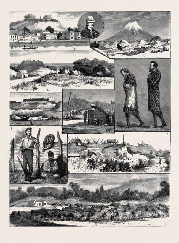THE RECENT NATIVE TROUBLES IN NEW ZEALAND: 1. The Rutland Stockade, Wanganui; 2. Major Noake; 3. Remains of Maori Fortifications at Turo Turo Mokai; 4. Stockade and Camp at Rahotu; 5. The Redoubt at Opunake; 6. A Maori Sentry Box; 7. Te Whiti and Tohu; 8. The Murderer, Hiroki and His Guard; 9. The Camp at Pungarehu; 10. Parihaka