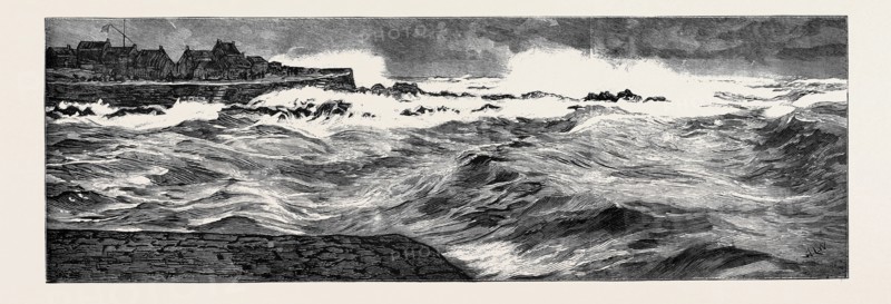 POURING OIL ON THE TROUBLED WATERS AT PETERHEAD, MARCH 1, 1882: EFFECT OF THE OIL AFTER FORTY-FIVE MINUTES' PUMPING
