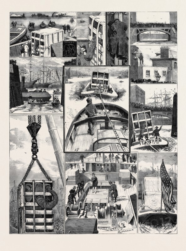 THE REMOVAL OF JUMBO, THE BARGE VOYAGE TO MILLWALL: 9. In the Barge: View off the Dock; 10. The Morning Tankard; 11. Just Before the Start to Pick Up Tug: Our Artist Getting on Board the Barge; 12. At the Dock Gates; 13. A Capital Place to See From; 14. The Tug; 15. Exit from St. Katherine's Dock; 16. The Last of Jumbo Seen from the Gate of St. Katherine's Dock; 47. "On the Water:" A Sketch from the Tug; 18. Under "The Shears:" Unshipping from the Barge at Millwall Dock; 19. Jumbo's Cabin: A Sketch from the For'ard Bridge of the Assyrian Monarch.