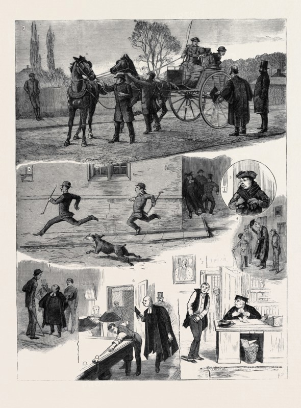 UNIVERSITY LIFE AT OXFORD, THE PROCTOR: 1. Tandem driving, the Eighth Deadly Sin; 2. Flight; 3. The Academical Costume; 4. & 5. "Are you a Member of this University, Sir?"; 6. Billiards after 9 P.M.; 7. A Contribution to the University Chest