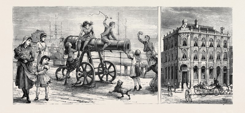 HULL: RUSSIAN GUN ON THE PIER (LEFT), OFFICES OF THE HULL BANKING COMPANY (RIGHT)