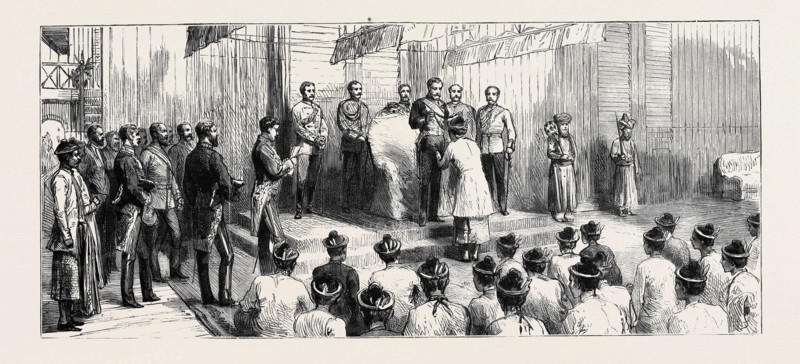 THE VICEROY OF INDIA'S VISIT TO BRITISH BURMA: LORD RIPON DECORATING BURMESE OFFICIALS AT RANGOON