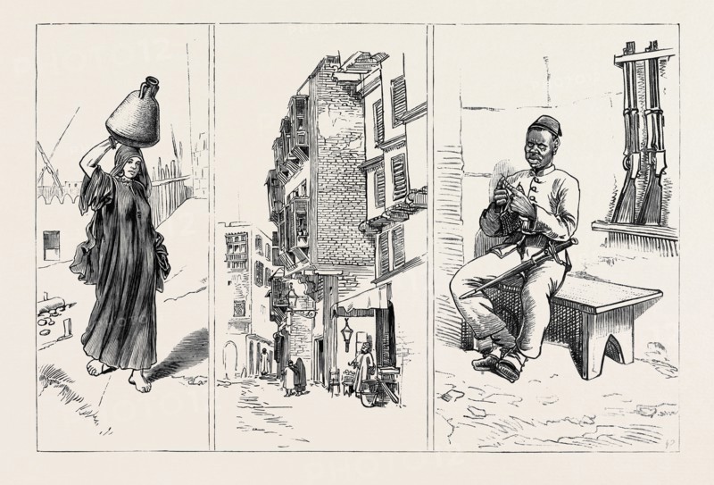 ROUND THE WORLD YACHTING IN THE "CEYLON", CAIRO, EGYPT: A WATER-CARRIER (LEFT); A STREET (CENTRE); A SOLDIER ON GUARD (RIGHT)
