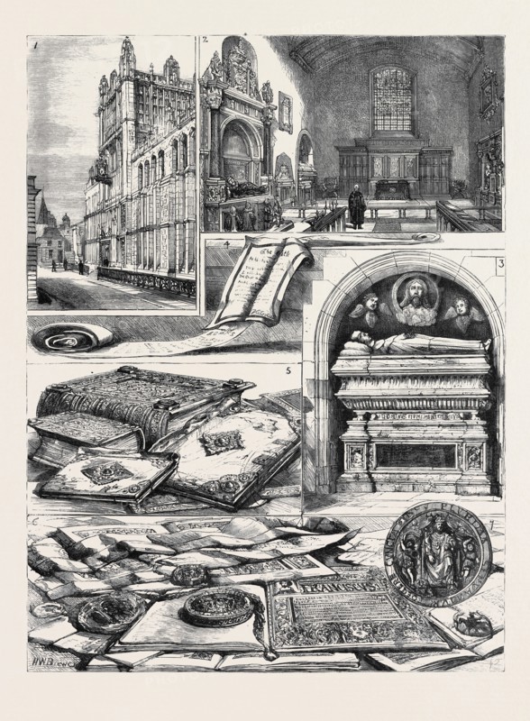 THE ROLLS' HOUSE AND PUBLIC RECORD OFFICE: 1. The New Record Office; 2. Interior of the Rolls Chapel, with Ancient Monuments to the Masters of the Rolls; 3. Monument to Dr. John Young, by Torrigiano; 4. The Queen's Coronation Oath; 5. Domesday Book; 6. The Golden Bull, Treaties of 1525-1527, Charter of Richard I.; 7. Golden Seal to Treaty of 1527