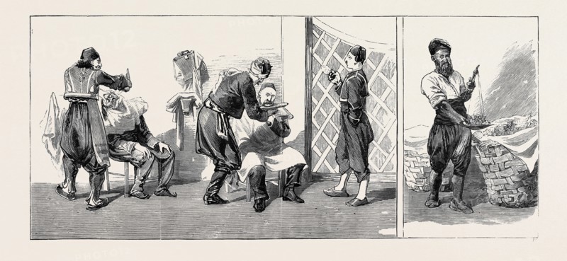 ROUND THE WORLD YACHTING IN THE "CEYLON"; CONSTANTINOPLE: STREET BARBERS (LEFT), A PEAR SELLER (RIGHT)