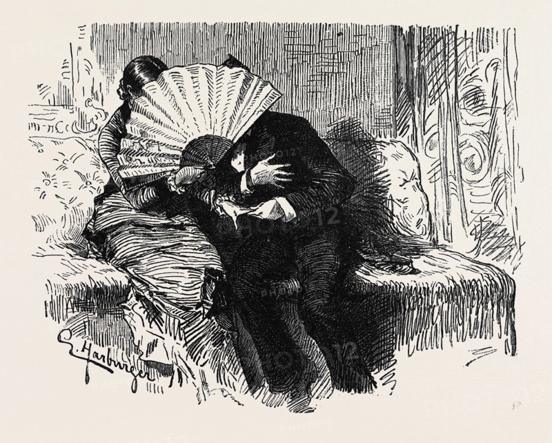 ART CARICATURE IN GERMANY: THE CAREFUL MAMMA, "Now, Mr. Assessor, you may confess to me all that your heart feels. Mamma has no objection to my listening to you, she has even lent me her large fan."