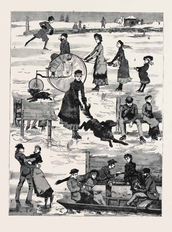 SKATING: 1. Faith, Hope, and Charity; 2. Stimulated by the Canadian Sketches, Skimmington adopts the "Marquis of Lorne" Style; 3. The Four in Hand; 4. Tell-tale Feet; 5. Right About Face; 6. Happy Dog; 7. An Ice Collision; 8. Cold Luncheon