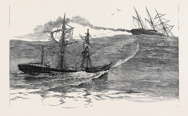 A DISASTER AT SEA: THE S.S. "PALMYRA" TOWING THE DERELICT BARQUE "NORTON" TOWARDS FALMOUTH