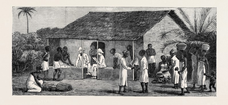THE SLAVE TRADE ON THE EAST COAST OF AFRICA: RELEASED SLAVES ON THE UNIVERSITIES' MISSION ESTATE AT MBWENI NEAR ZANZIBAR, PAYING WAGES