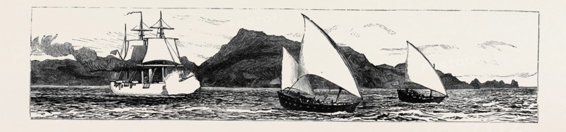 THE SLAVE TRADE ON THE EAST COAST OF AFRICA: H.M.S. "PHILOMEL"  CHASING SLAVE DHOWS IN THE STRAITS OF BABEL-MANDEB