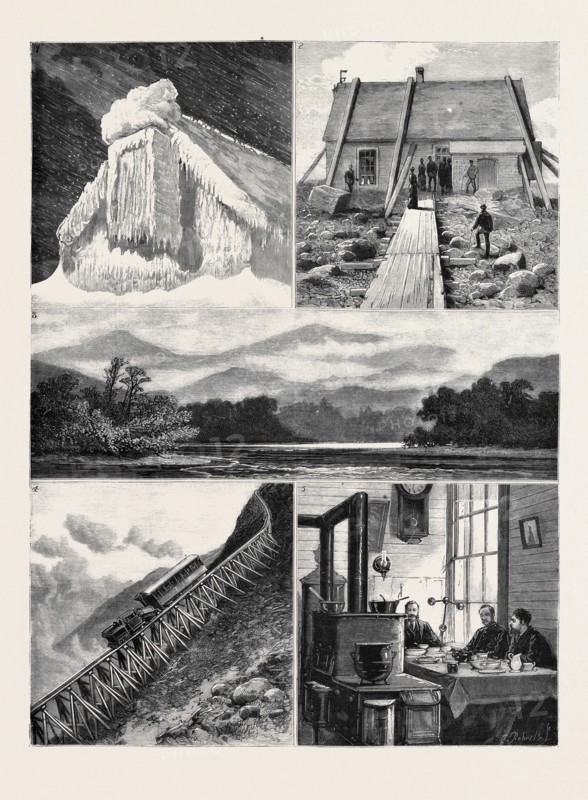 WEATHER FORECASTING IN THE UNITED STATES: 1. Exterior of the Meteorological Station on the Summit of Mount Washington, New Hampshire, in Winter; 2. The Same in Summer; 3. General View of the White Mountains and Mount Washington; 4. Railway to the Summit of Mount Washington; 5. Interior of Meteorological Station