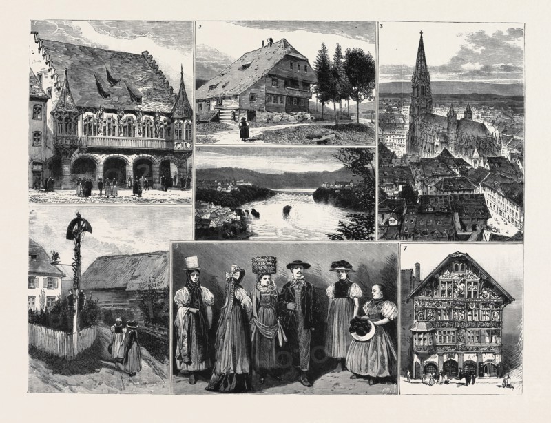 IN AND ABOUT THE BLACK FOREST: 1. The Merchants' Hall, Freiburg; 2. House on the Road from Furtwangen to Gutenbach; 3. The Cathedral, Freiburg; 4. The Falls of the Rhine, Neuhausen; 5. Crucifix in the Simonswald Valley; 6. Some Costumes of the Black Forest; 7. Painted House, Schaffhausen