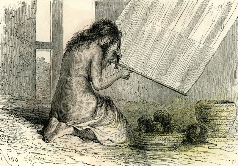 Conibos woman weaving, 1869, Peru