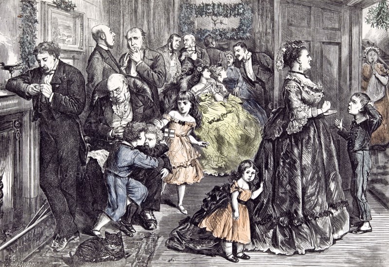 The Half Hour Before Dinner; Barnard; Children; 1871; England, playing; fighting; interior; at home; party; near the fire place; fashion; room; cat; strict; doubt; punishment; anger; aggression; mistletoe