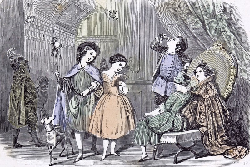 Juvenile Fancy Ball, Paris; Children; 1847, Bals Costumés; Paris; chair; drinking; wine; relaxed atmosphere; dog; fan; candles; ball room; gown; cape