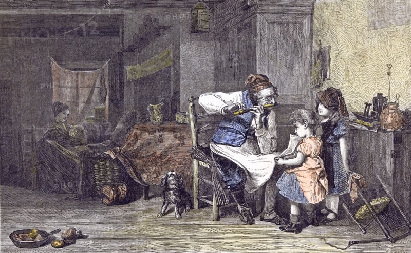 The Music Lesson; J. Burr; Children; Flute; 1860, old man playing flute in room; cupboard; chair; dog; decanter; table cloth; thread; candle holder; book; woman; maid; shelf; attention;